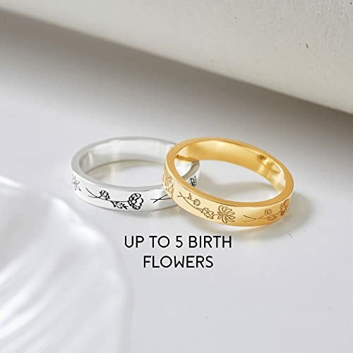 Birth Flower Ring Personalized, Family Flower Ring, Engraved Ring for Mom, Custom Floral Band, Mother’s Day Gift.