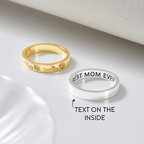 Birth Flower Ring Personalized, Family Flower Ring, Engraved Ring for Mom, Custom Floral Band, Mother’s Day Gift.